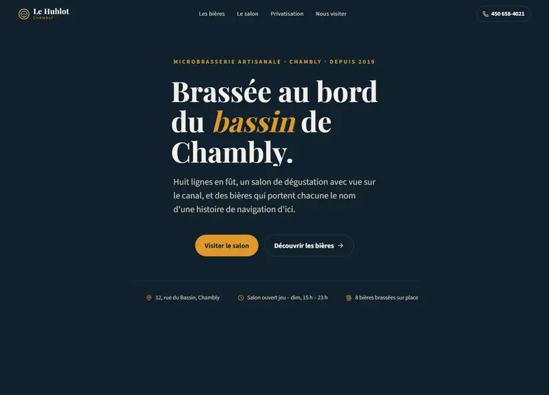 Capture d'écran du site de Brasserie Le Hublot, microbrasserie, avec hublot 3D au défilement